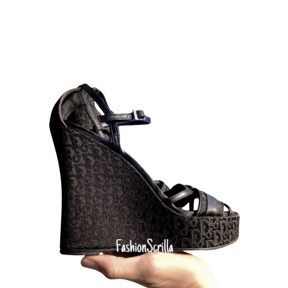 Dior Shoes - DIOR Black Diorissimo Oblique Monogram Trotter Logo Platform Sandal Wedge Heels